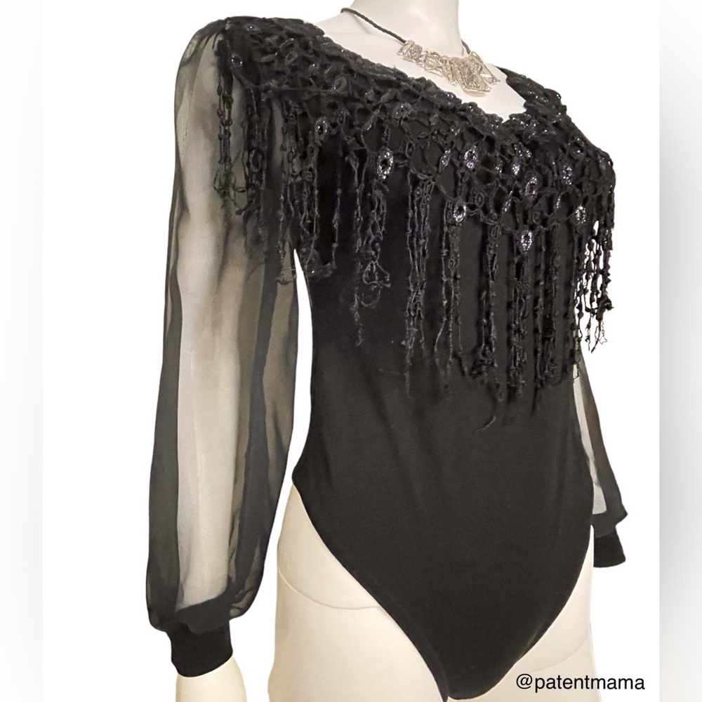 VINTAGE WOMENS  BLACK EMBELLISHED BODY SUIT LATIN DANCE WEAR